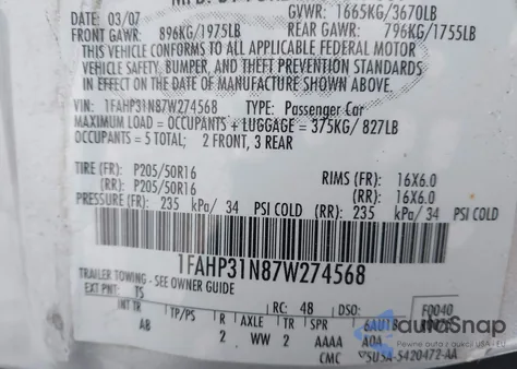 2007 Ford Focus S/Se/Ses z USA, uszkodzony, nr VIN 1FAHP31N87W274568